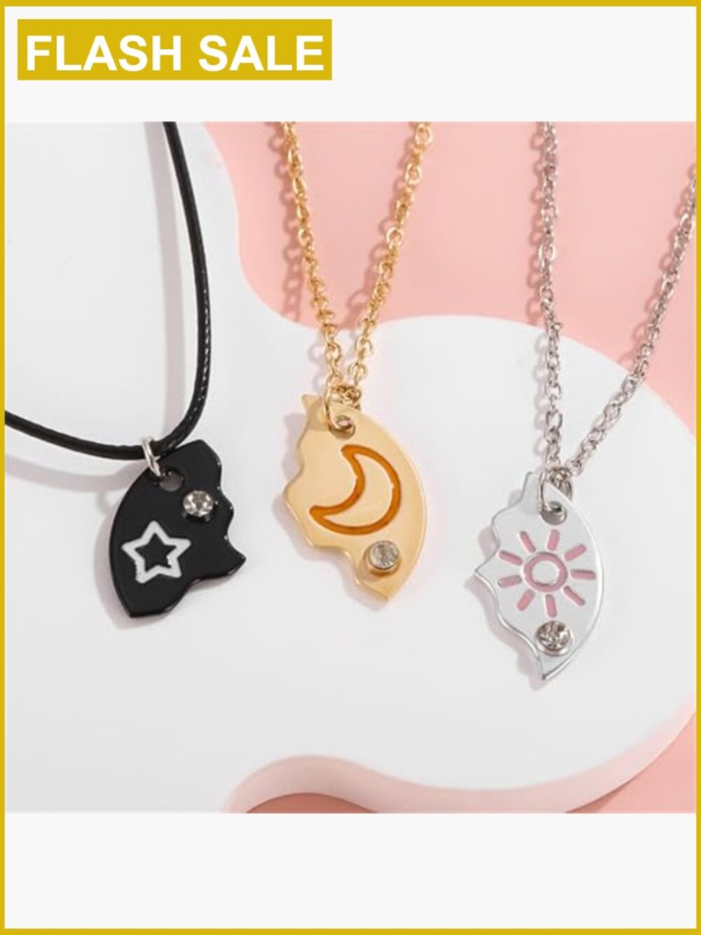 3pc Moon Sun Star Puzzle Matching Necklace Set Gold Silver Best Friend BFF - Picture 3 of 5